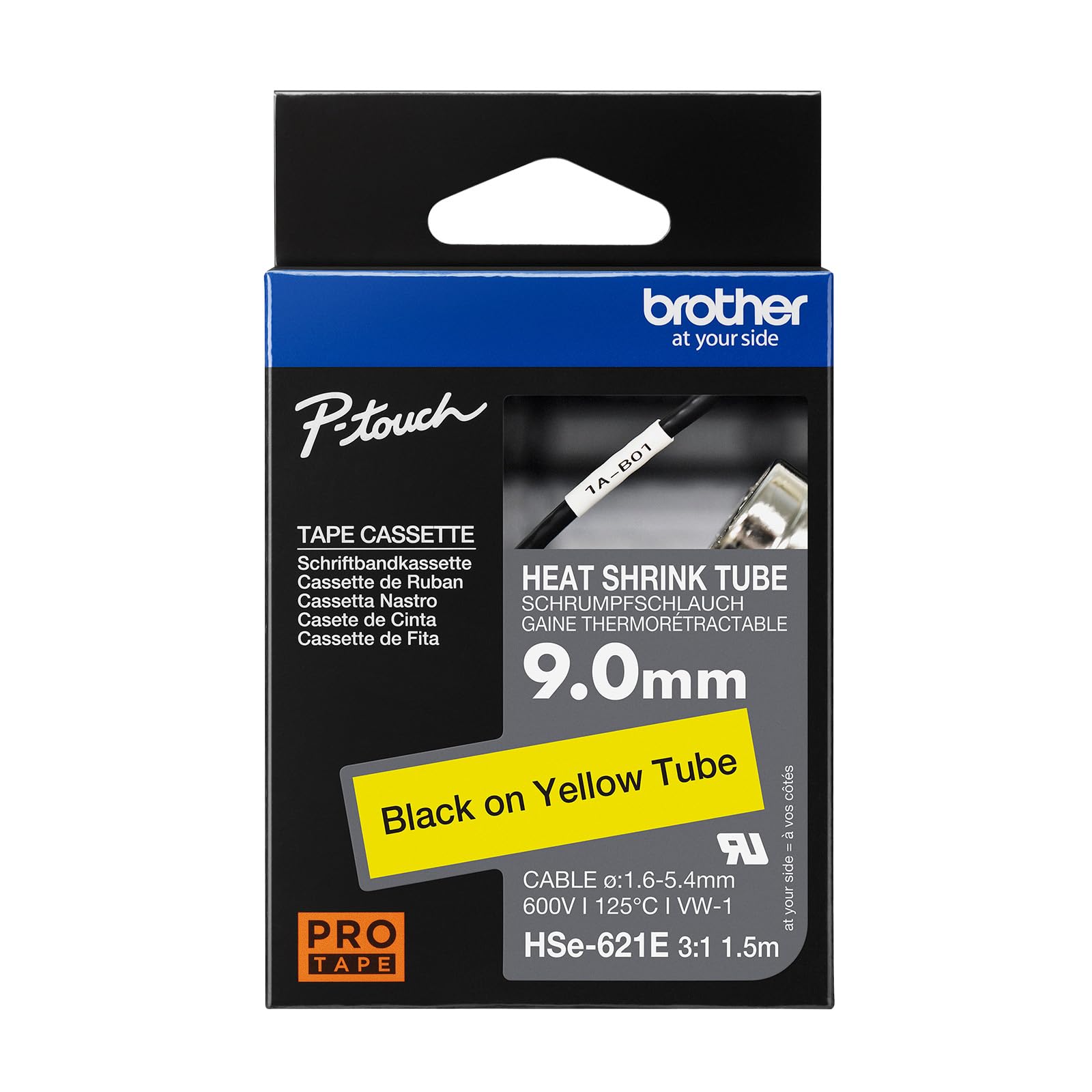 Brother Genuine Pro Tape HSe-621E Heat Shrink Tubing - Black on Yellow