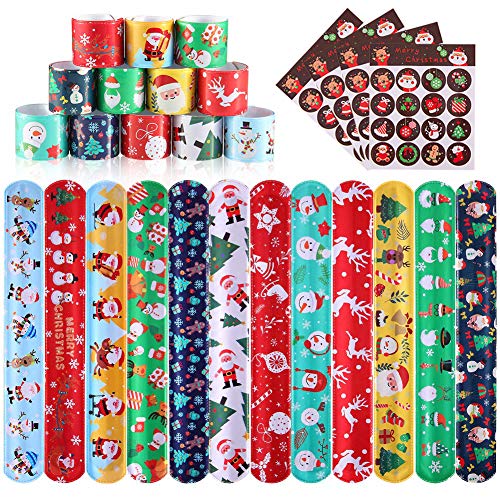 60 PCS Christmas Kid's Slap Bracelets, Slap Bands,Snap Bracelets,Party Favors Pack with Snowflakes,Santa Claus,Snowman for Kids Valentines Gift Classroom Exchange with 4 Sheets Sticker.