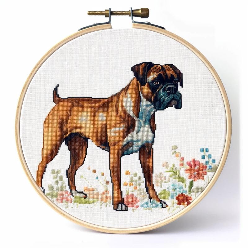 Boxer Dog Cross Stitch Kits with Hoop Easy Pattern Stamped Cross-Stitch Supplies Needlework DIY 11CT 3 Strands Cotton Thread Printed DIY Needlepoint Kits 35×35cm (ag63)