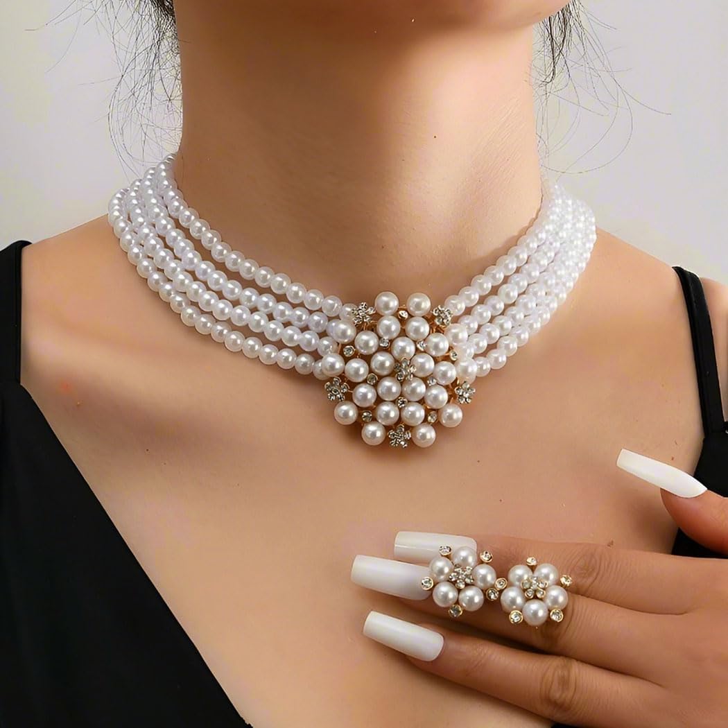 Gangel Layered Necklace Choker Pearl Necklace Earring Set Faux Pearls Choker Vintage Flower Earrings 1920s Accessories Necklaces for Women - Image 6