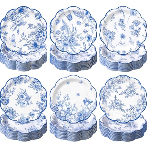 Image of Funnymoom 60 Pcs 7 Inch Blue Floral Plate Blue and White Toile Scalloped Paper Plates for Dessert Disposable Vintage Flower Party Decor Tableware for Spring Wedding Bridal Shower Tea Party Supplies