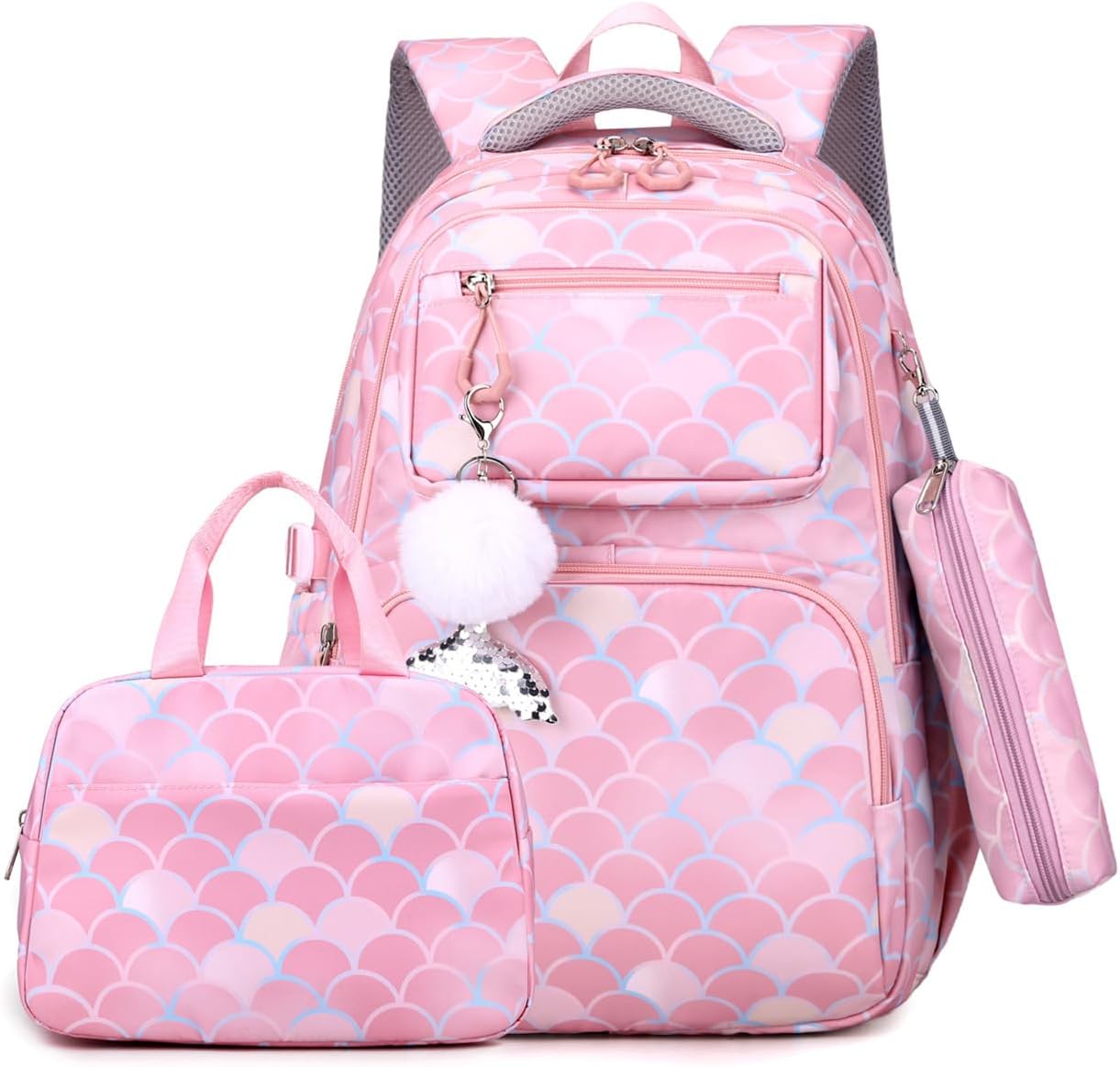EKUIZAI 3PCS Mermaid Backpack for Girls Fish Scale Print Primary Bookbags set Girls Backpack with Lunch Box