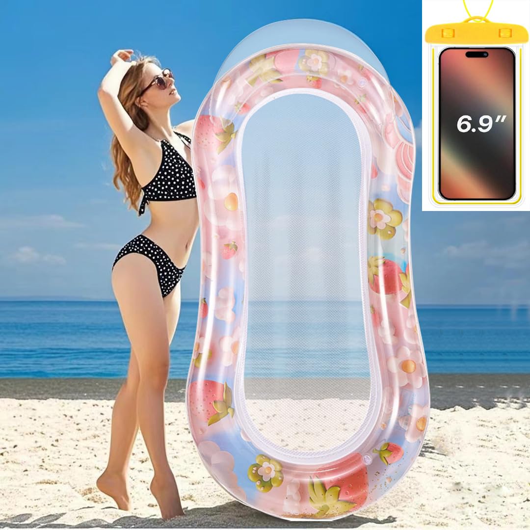 Inflatable Pool Float Lounger with Mesh, Adult Swimming Hammock, Clear Watermelon/Strawberries Design, Built-in Headrest, Filled with Sparkle Confetti
