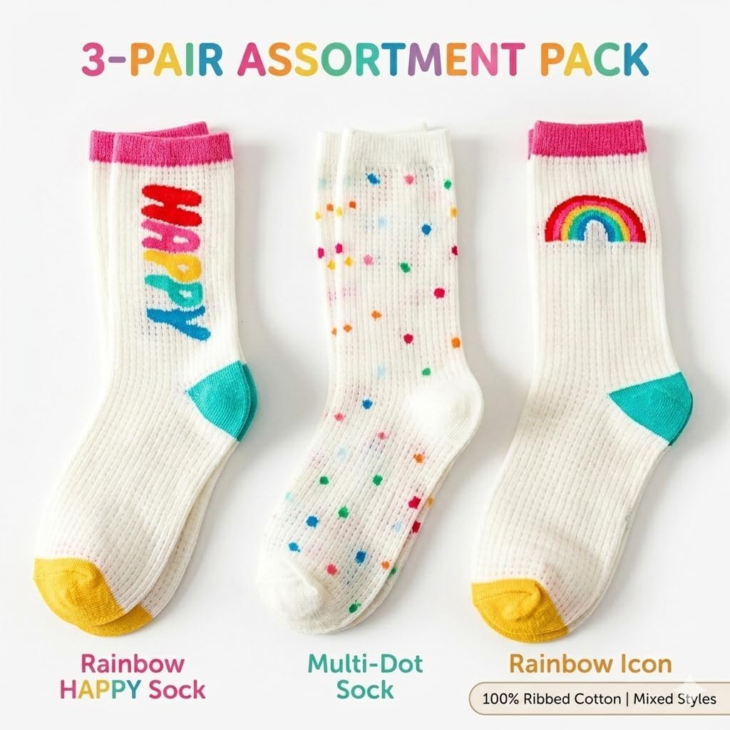Utaly 3 Pairs Rainbow-Crew-Socks for Toddlers-Girls-Boys 3-5 Years - Breathable Mesh Rainbow Elements Cotton-Athletic-Sock