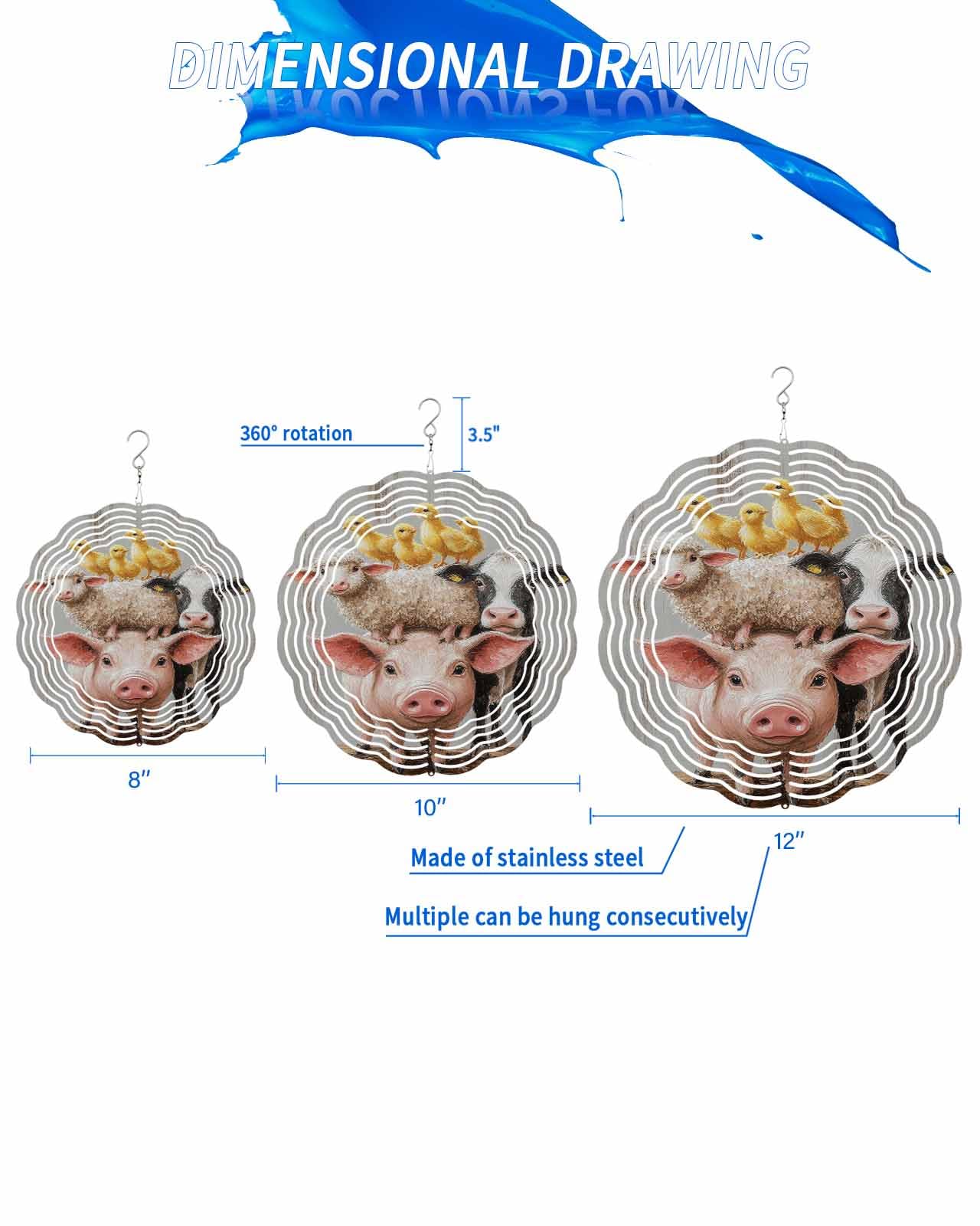Country Wind Spinners, Animal Pig Cow Sheep Chicken Hanging Wind Spinners for Yard and Garden 3D Stainless Steel Metal Sculptures Crafts Ornaments 8 Inch