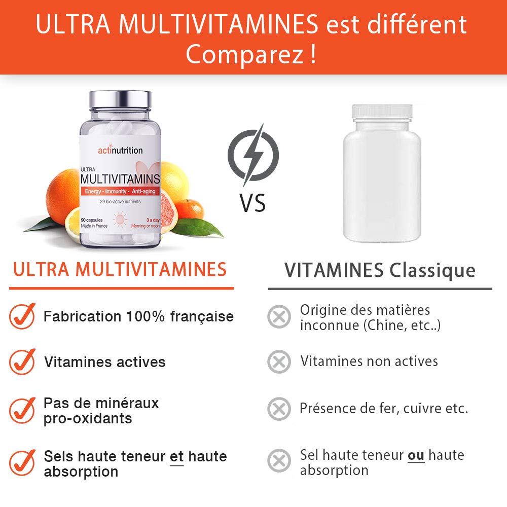 ULTRA Multivitamines | 29 Nutriments Bio-Actifs | Complexe B - B1, B2, B3, B5, B6, B7, B8 (Biotine), B9 (Acide Folique), B12 | Vitamines C & D | Vitalité & Immunité | 90 Gélules | Fabriqué en France