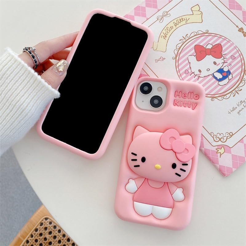 Image of COVERLY for iPhone 17 3D Cartoon Pink Kitty Case,Full Protective Bow Cat Girly Pop Doll Back Case with Holder Cute Soft Silicone Stylish Fashion Aesthetic Cover for Apple iPhone 17