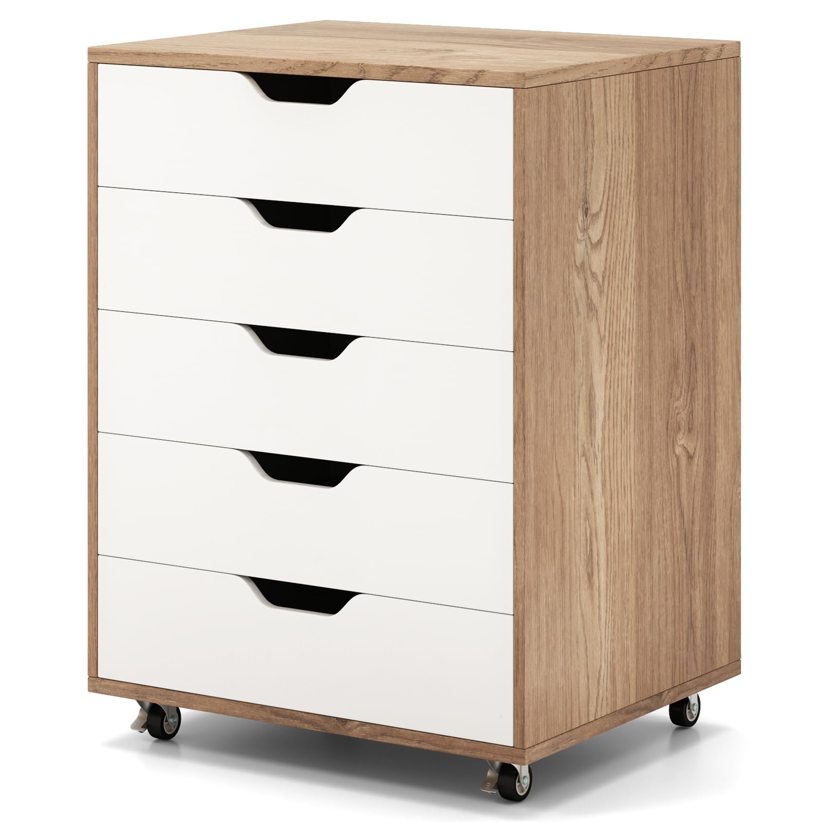 RELAX4LIFE Cassettiera Ufficio con Ruote, Piano 40x49 cm con Portata 45kg, Guide Metalliche, Silenziosa e Stabile, Mobile Porta Stampante per Ufficio, Casa (Bianco+Naturale, 5 Cassetti – 66 cm)