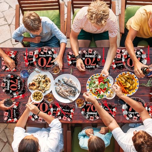 Image of gisgfim 96 Pcs 70th Birthday Plates and Napkins Party Supplies 70 Years Old Party Tableware Set Red Black Dinner Dessert Plates 70th Birthday Decorations Favors for Man Women for 24 Guests