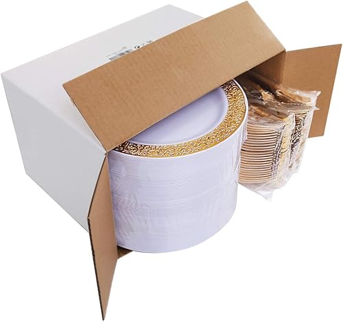 Miniatura 6 de WDF -Platos desechables para postre, 100 unidades, dorados, de 7.5 pulgadas, con 100 tenedores desechables de 7.4 pulgadas, con diseño de encaje