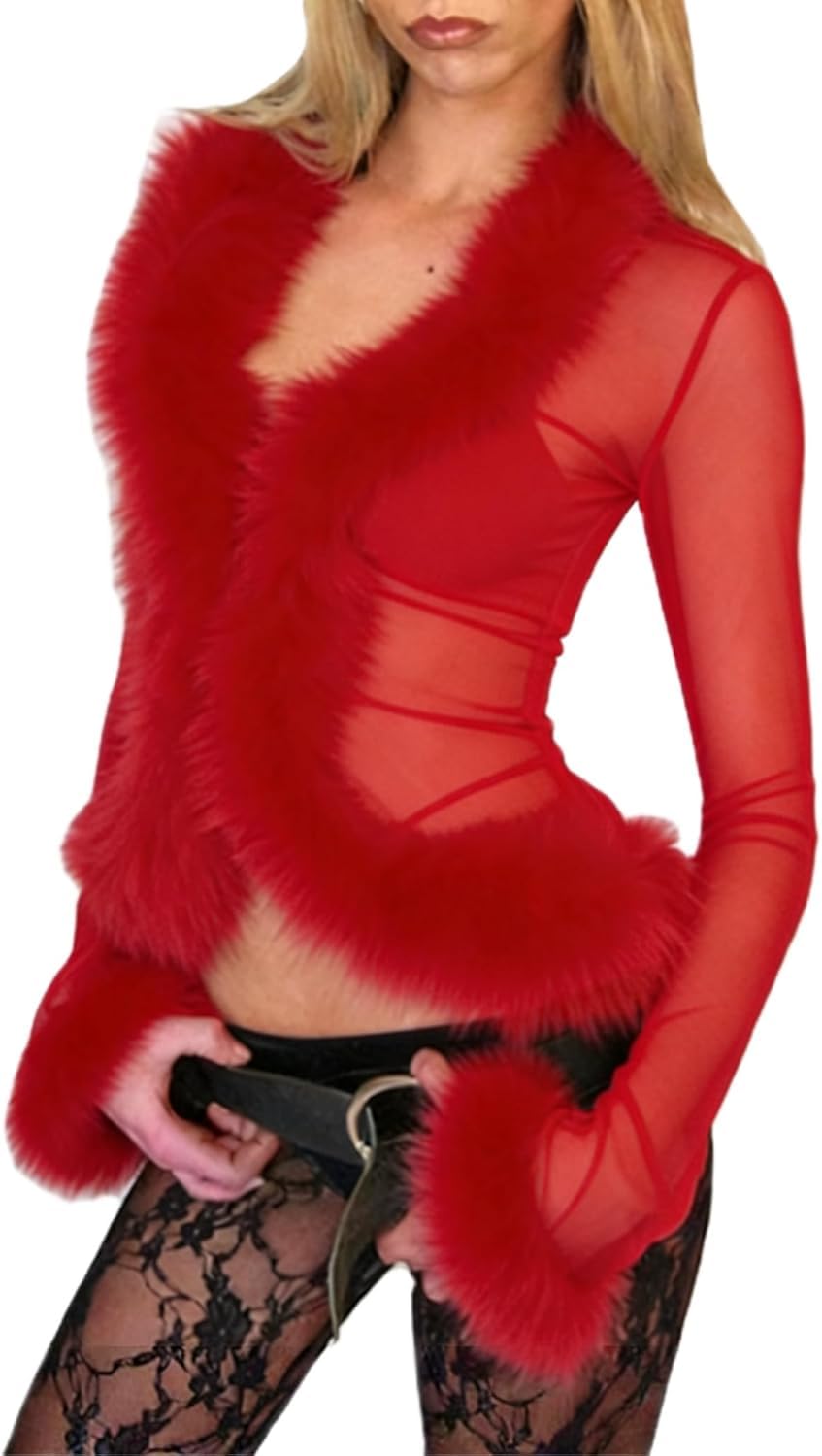 Svuitmsl Women Fuzzy Fur Trim Mesh Crop Top Long Sleeve V Neck Open Front Crop Shirt Slim Fits Y2k Fairy Rave Party Clubwear (A-Red, L)