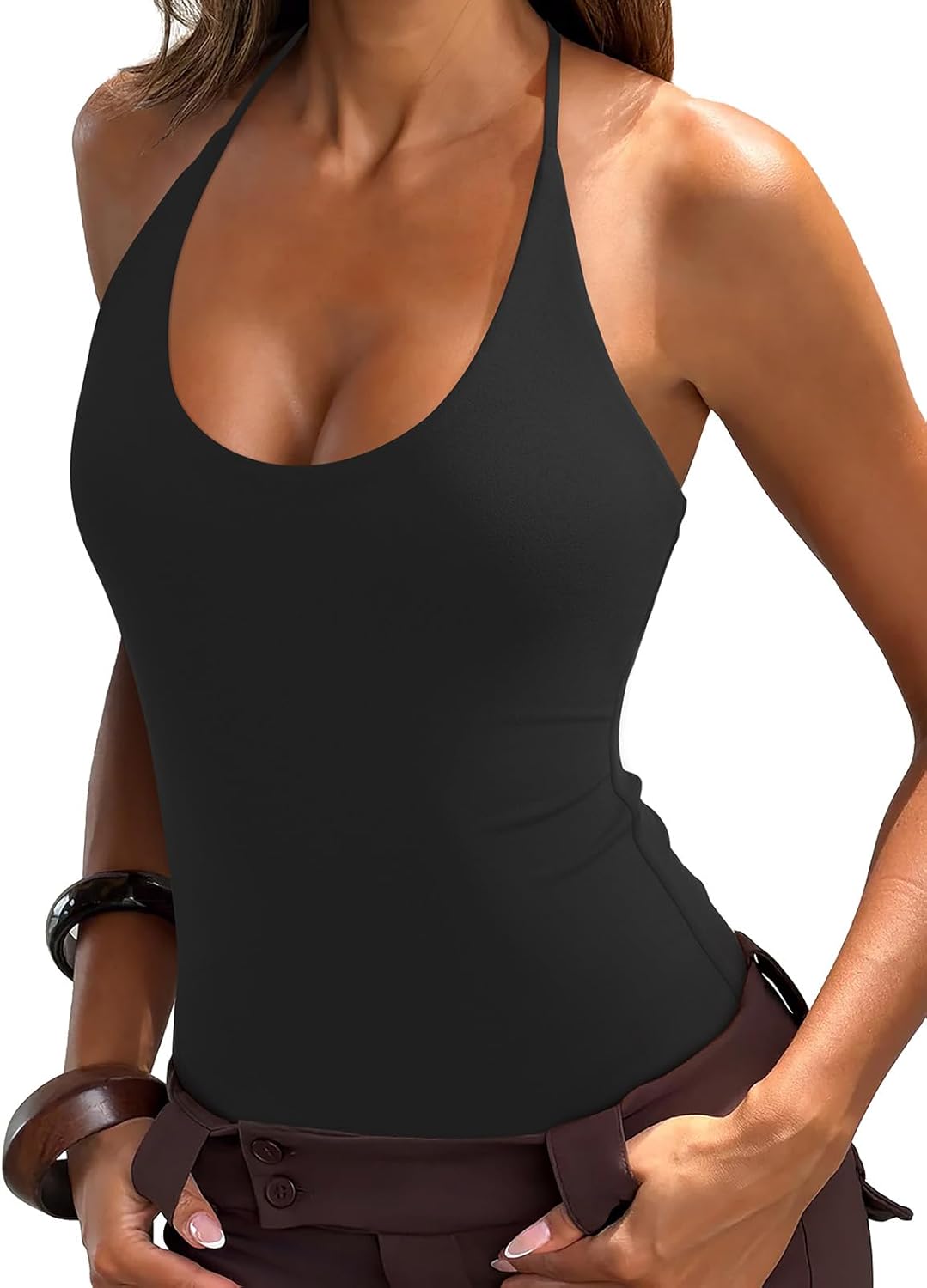 REORIA Bodysuits for Women Sexy Halter Tie Back Deep U Neck Bodysuit Backless Cami Tank Top - Image 3