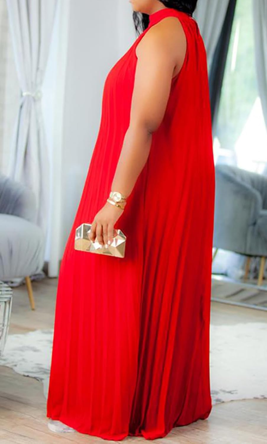 Choichic Plus Size Maxi Dresses for Women Sleeveless Halter Neck Chiffon Pleated Loose Flowy Long Summer Beach Dresses - Image 2