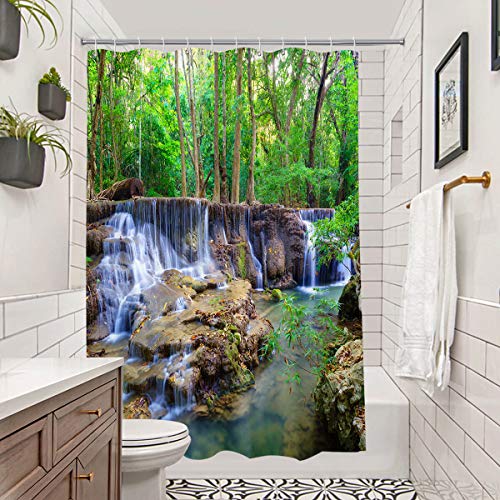 Broshan Nature Shower Curtains For Bathroom, Tropical Green Forest Trees Waterfall 3D Outdoor Landscape Bathroom Curtains Shower, Summer Bathroom Decor Set With Hooks,72 X 72 #TOP1