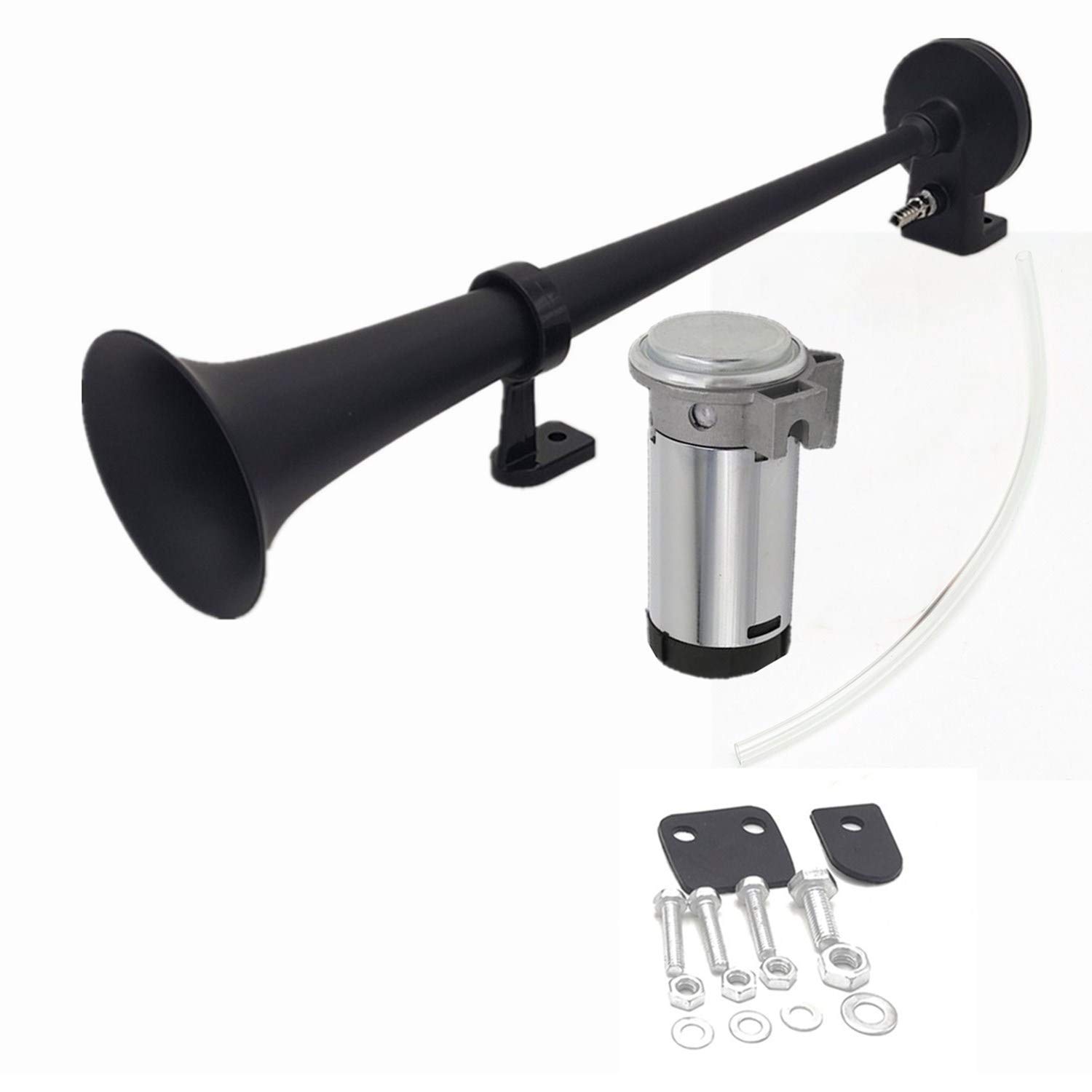 Klaxon de Voiture Car Horn150DB Klaxon électrique 450mm Corne de l'air Chromé Zinc Noir Haut-Parleur Avec Compresseur Pompe à air pour Tout véhicule Président 12V Camion Van Moto Bateau etc