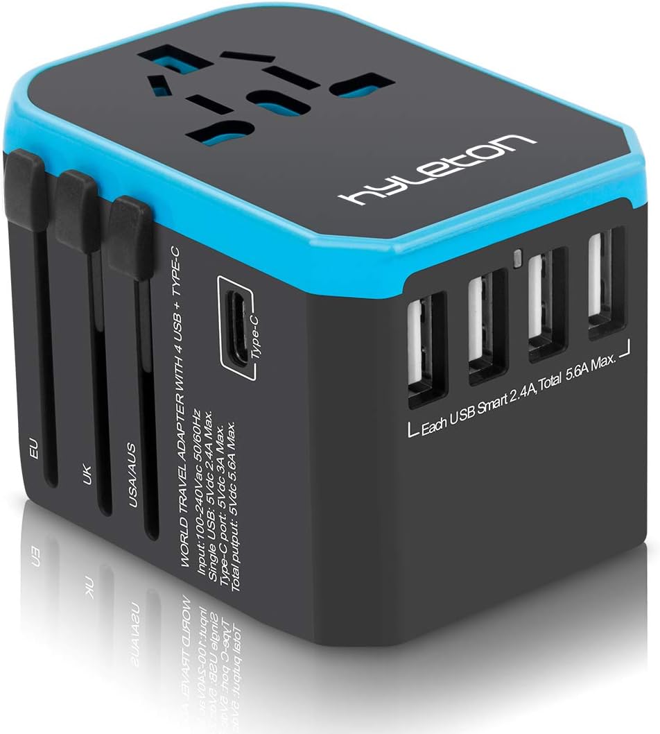 International Travel Power Adapter, hyleton Worldwide Travel Plug Adapter with 5.6A High Speed Charging 4 USB Ports and 1 Type C Port for US, EU,UK,AU,Asia