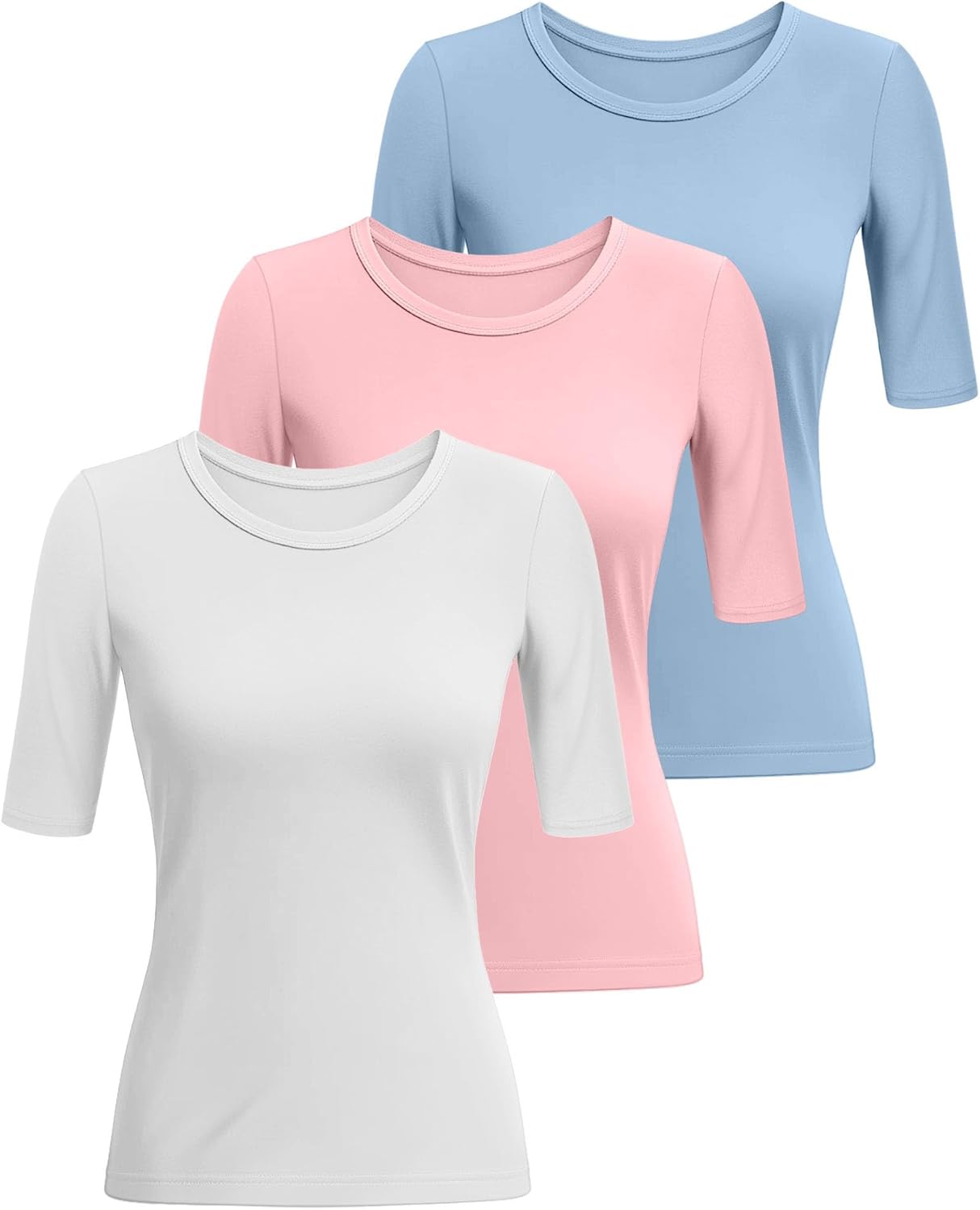 Riyiper 3 Pack Women's Half Sleeve Tops Crewneck 1/2 Sleeve T Shirts Elbow Length Tops Slim Fit Cotton Blend Basic Tees - Image 3