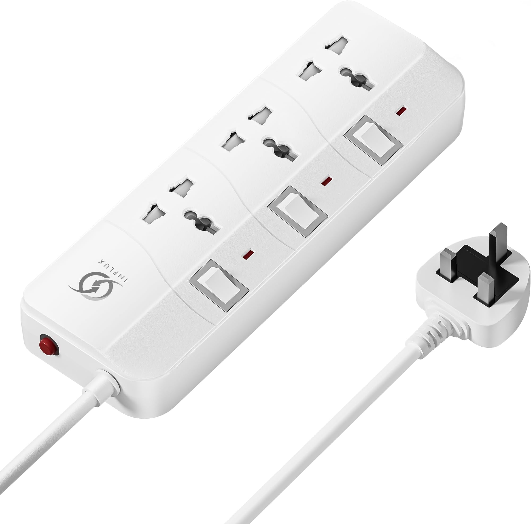 INFLUX 3-Outlet 3-Meter Extension Cord, Multi-Plug Power Extension with Individual Safety Buttons, Ideal for Home, Office