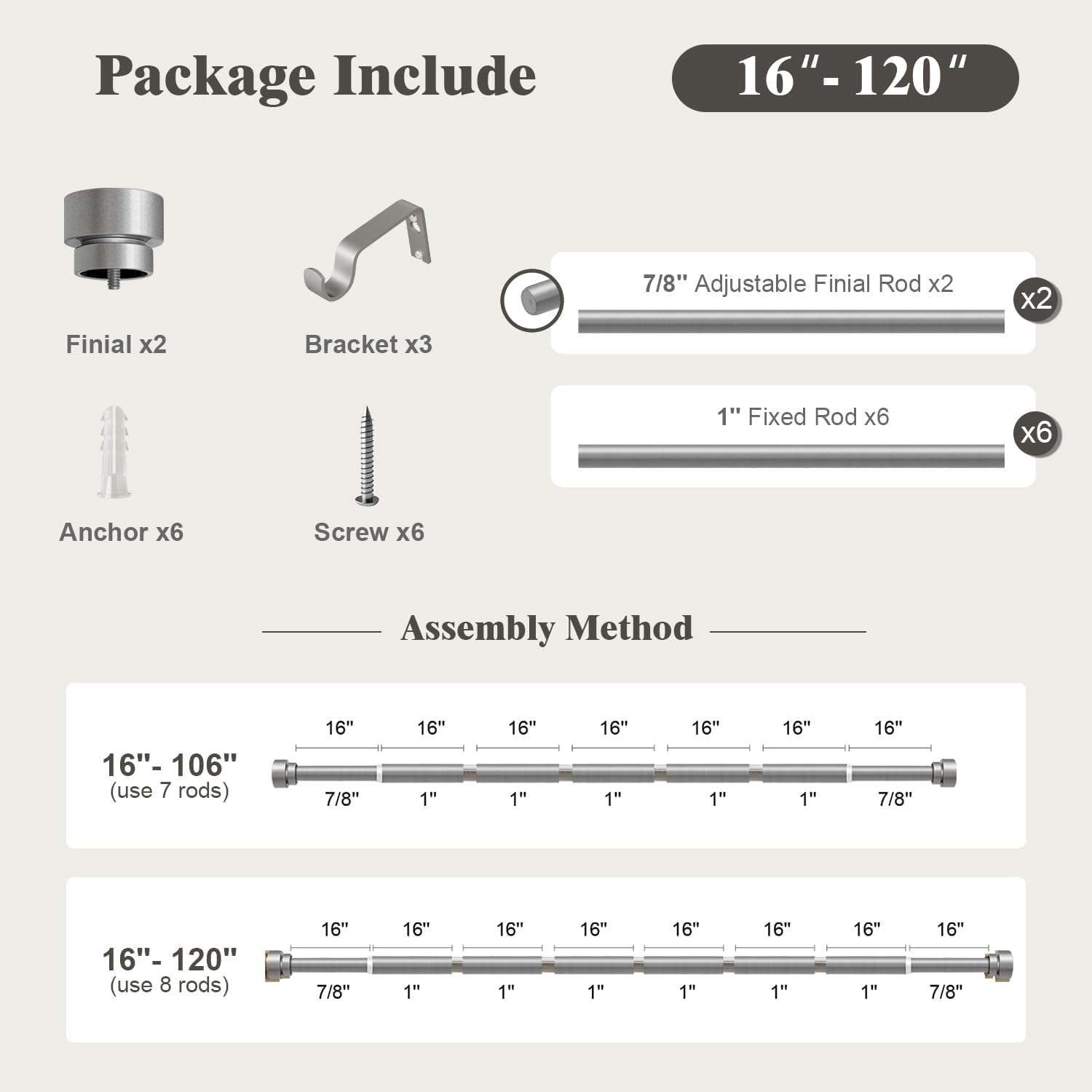 Oneach Silver Curtain Rods for Windows 66 to 120 Inch, 1 Inch Pole Adjustable Length Heavy Duty Metal Curtain Rod Set, for Outdoor Bedroom Kitchen Living Room (16 to 120 Inch)