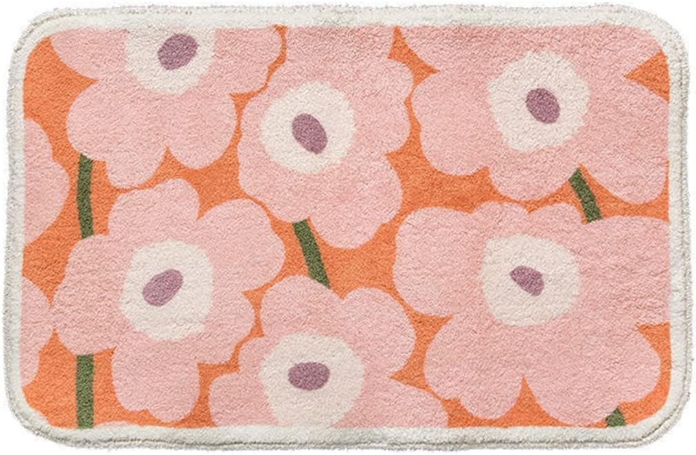 Microfiber Bath Rug Ultra Soft Shaggy Cute Flower Bathroom Rugs for Tub Shower Mats Indoor Outdoor Doormat Non Slip Machine Washable Durable Kitchen Runner Carpet 20" X 31"/Pink
