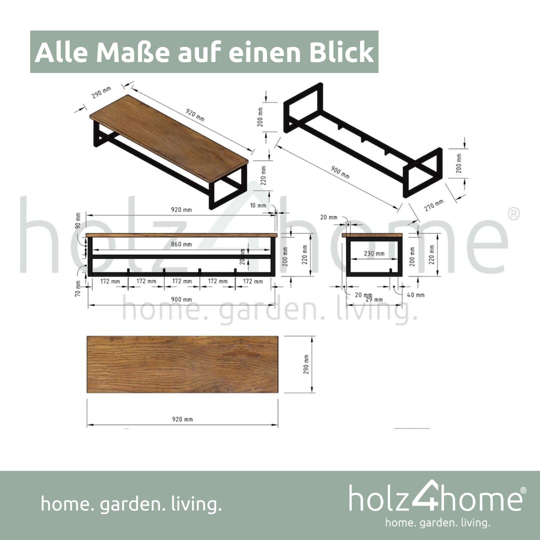 holz4home® Garderobe aus Massivholz mit Baumkante I 92x29x22cm I Naturgeölte Wandgarderobe aus Eichenholz I Metallrahmen inkl. Kleiderbügel