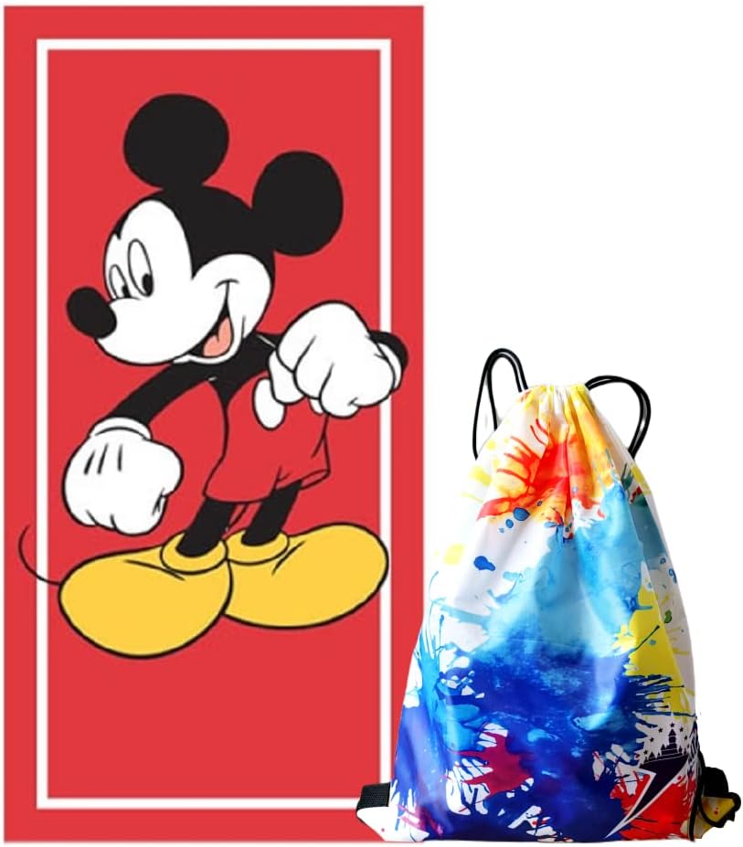7STAR Mouse Classic Red Beach Towel with Drawstring Bag – Iconic Character Design, Soft and Absorbent