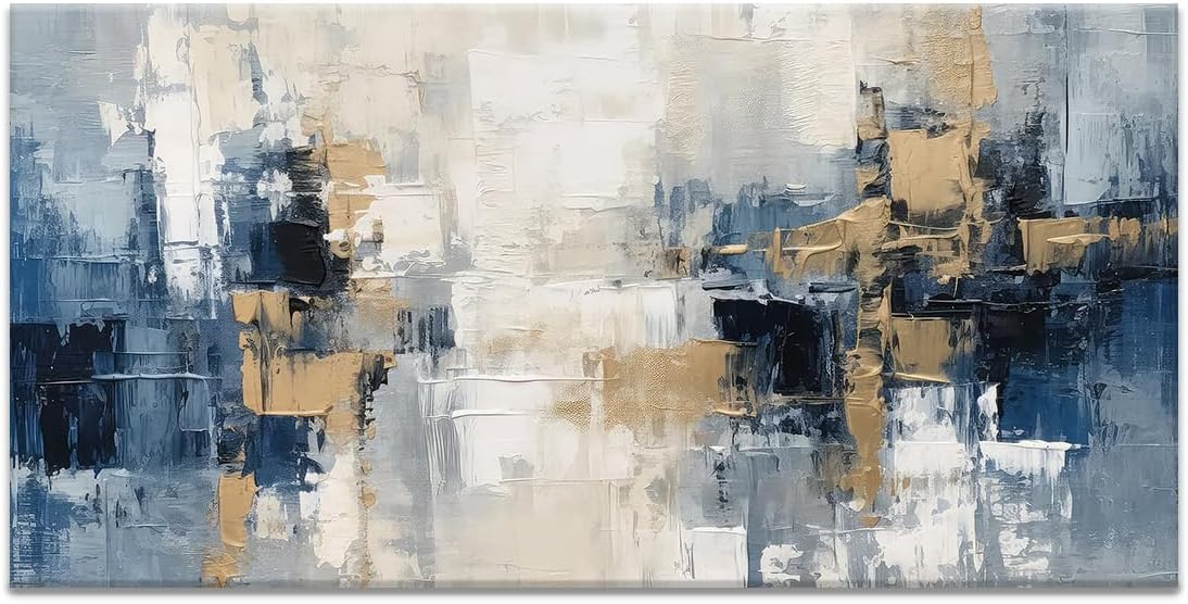 Extra Large Blue and Gold Abstract Canvas Painting Indigo Modern Wall Art Picture Artwork for Living Room Bedroom Home Office Decor