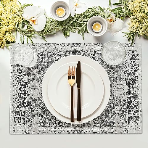 Image of Gray Black Boho Placemats Set of 4 Ethnic Bohemian Carpet Place Mats Washable Kitchen Dining Vintage Grey Geography Floral Linen Table Mats Stain Heat-Resistant Cloth Tabel for Home Party 12x18 in