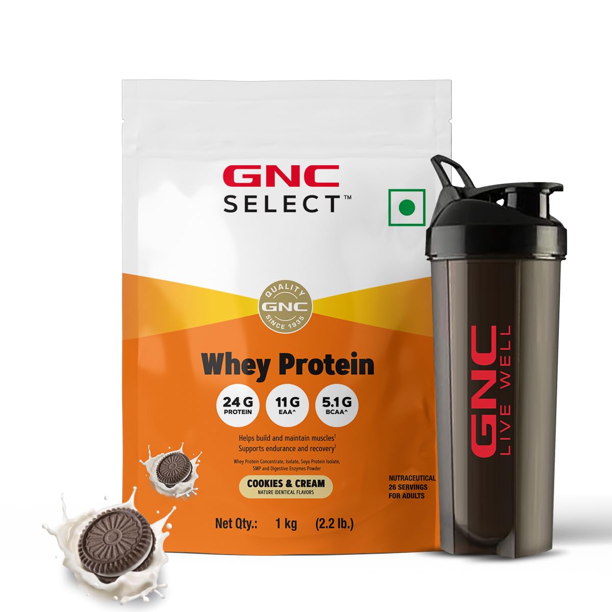 GNC Whey Protein Blend With Free Shaker | 2.2 LBS (1KG) | Cookies & Cream |24 Gm Protein| Digestive Enzyme For Better Digestion | Faster Muscle Recovery | Boosts Strength & Endurance | Zero Added Sugar | Builds Lean Muscles | Formulated In USA | Impo (B0D5HCN9DL) Amazon Price History, Amazon Price Tracker