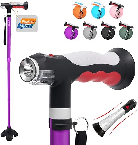 BigAlex Bastón plegable con dos luces LED para ancianos, base sólida, bastón ajustable con bolsa de transporte para hombres y mujeres