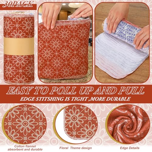 Image of Redbaker 30 Pcs Reusable Paper Towels Rolls Towels Bulk Kitchen Washable Paperless Cloth Cotton Hand Napkins with Cardboard Reusable Napkins for Kitchen Bathroom (Bohemian)