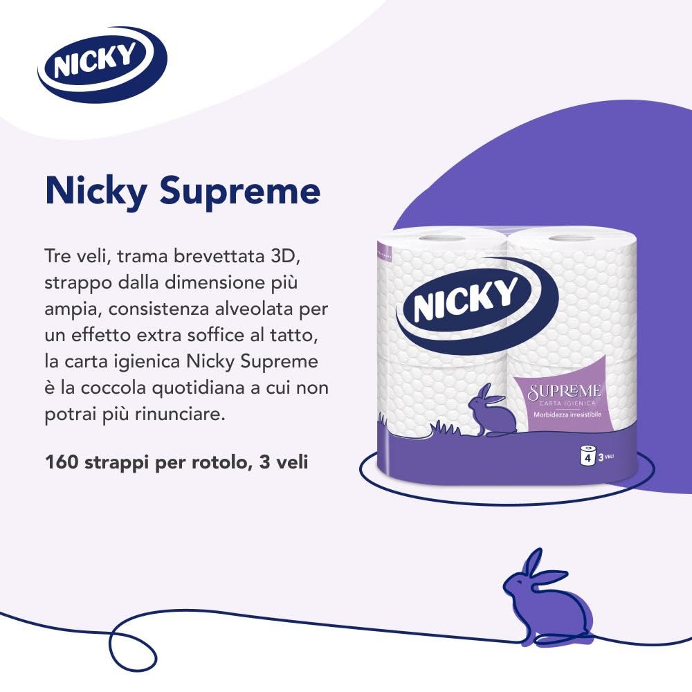 Nicky Supreme - 28 Rotoli di Carta Igienica, 200 Soffici Fogli a 3 Veli, Strappo dalla Dimensione più Ampia, Effetto Soffice al Tatto, Carta 100% Certificata FSC