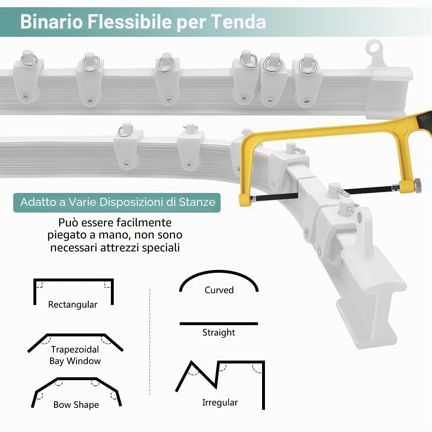 Binario pieghevole per tenda da soffitto, per finestra a golfo, 6 m, flessibile, curvo, montaggio a soffitto, montaggio a parete, in plastica resistente, sistema di binario per tende per divisorio,
