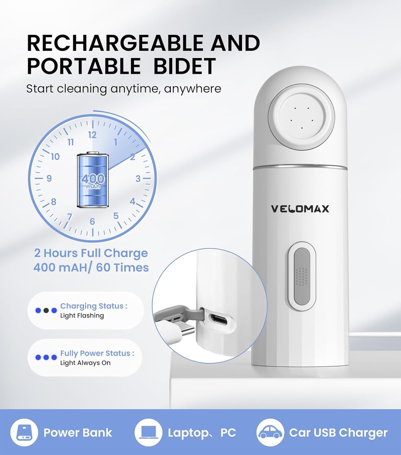 VELOMAX Portable Travel Bidet with 2 Pressure Options, IPX7 Waterproof Electric Rechargeable Mini Handheld Spray for Women & Men, Adjustable Speed, Hygienic Cleaning, Postpartum & Baby Care 4