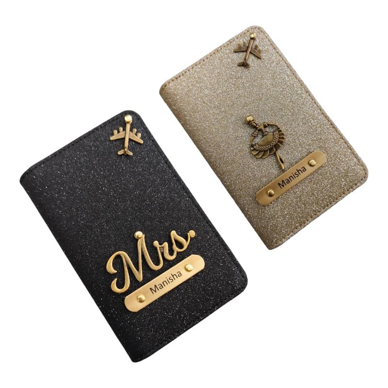 Image of Personalised Glitered Name Passport Cover Combo Pack| Combo Pack of 2 | Passport Cover for Womens and Girls| Gift Pack|Travel Assessories Black & Golden