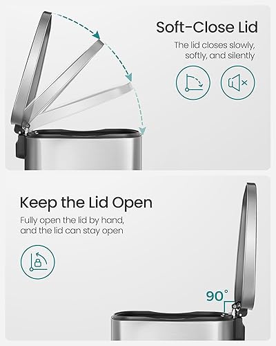 Miniatura 4 de SONGMICS Bote de basura de 13 galones cubo de basura de cocina de acero inoxidable contenedor de reciclaje o residuos cierre suave pedal de piso