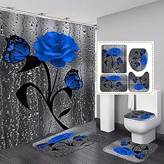 YUAOEUR Blue Rose and Butterfly Floral Pattern 3D Shower Curtain Set 4 Pieces for Bathroom Decor Fabric Curtain with Rugs and Bath Mat Accessories