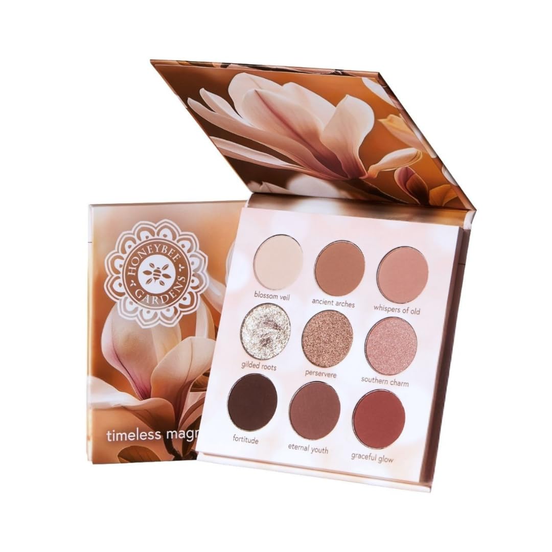 Honeybee Gardens Timeless Magnolia Eye Shadow Palette, 9 Shades, Matte and Shimmer Finish, Neutral Browns and Pinks, 0.45 oz
