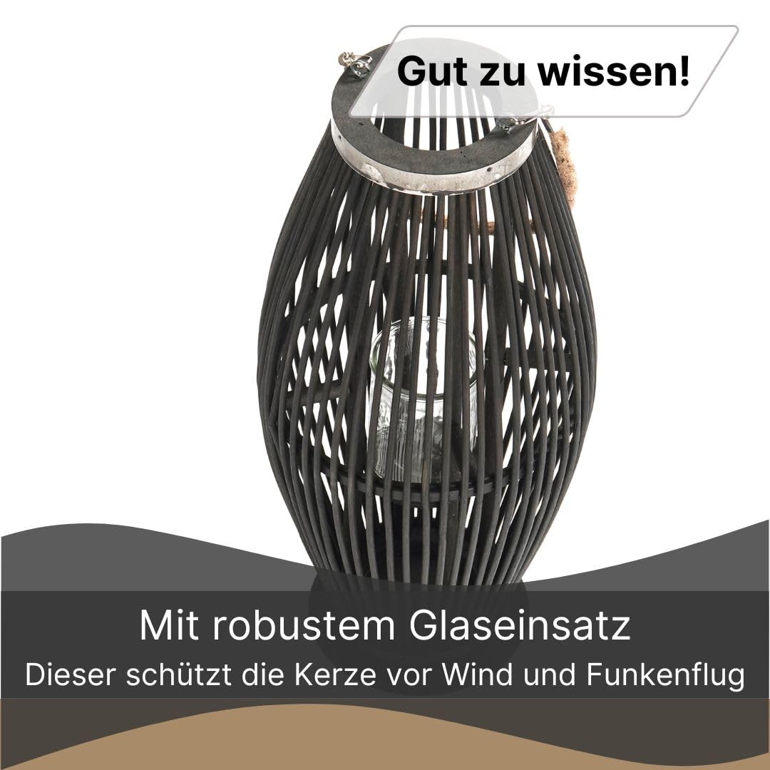 Bambus Laterne Zya | mit Henkel und Glaseinsatz, 80 cm, schwarz | Holz Kerzenhalter, Windlicht, Deko Laterne für Balkon Garten Terrasse Wohnung