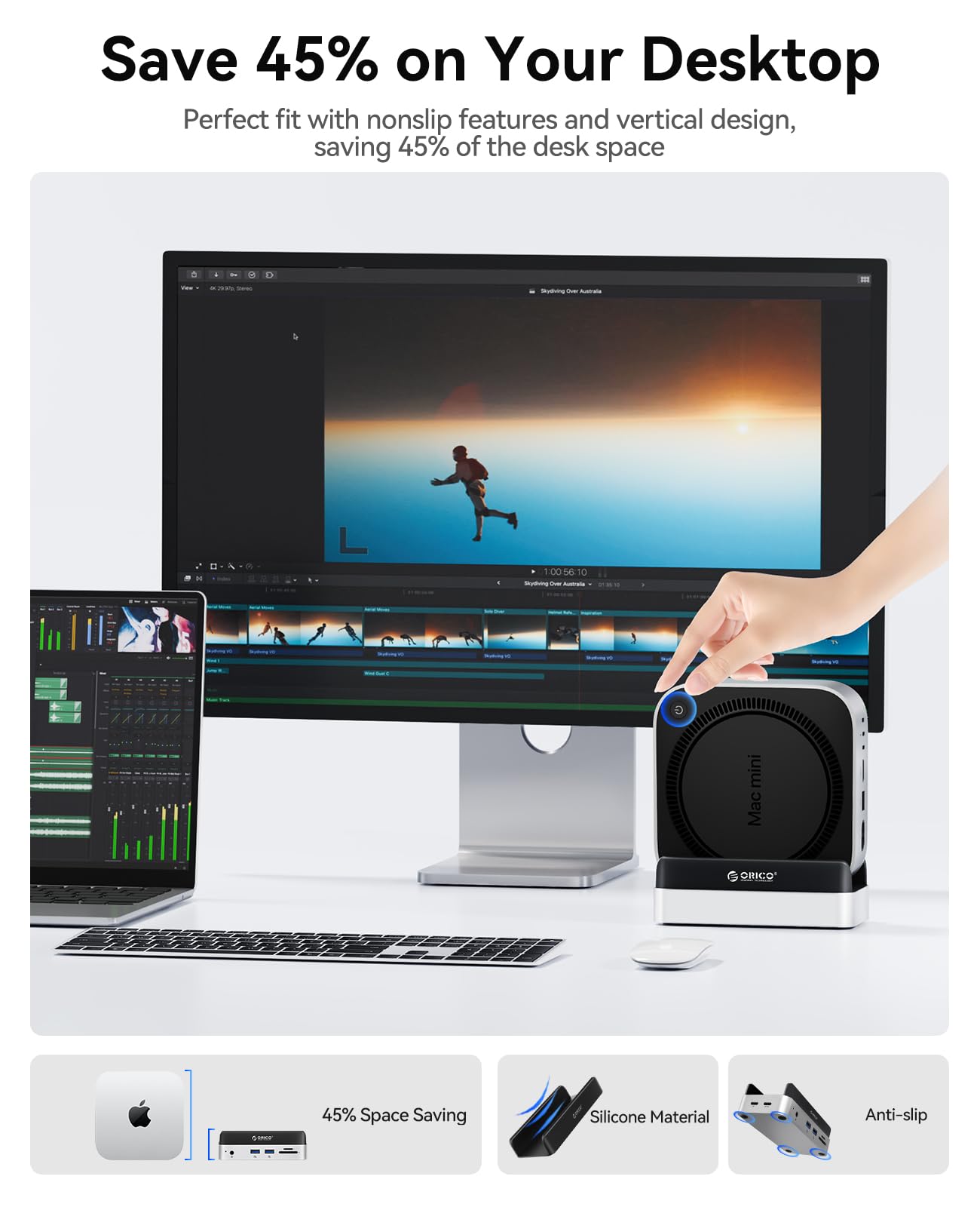 ORICO MiniDock Mac Mini M4 Dock & Support mit Boîtier SSD NVMe, USB C Hub mit 2 USB-A 10Gbps, SD/TF 3.0, Accessoire Parfait pour Mac Mini M4/M4 Pro - VSE