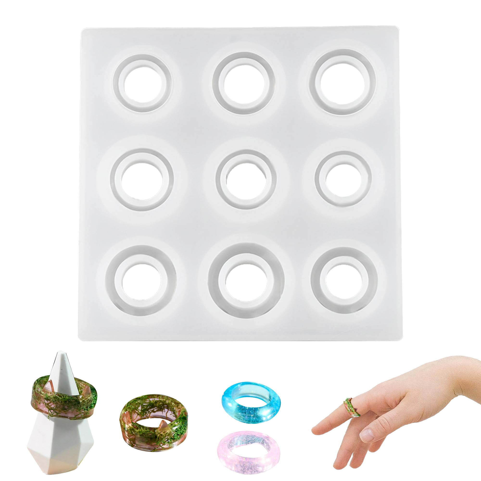 9Pcs/Set Resin Ring Mold Silicone, Silicone Molds for Epoxy Resin 9 Sizes Ring Jewelry Casting Mold,Round Resin Casting Mold for Necklace Pendants, Keyrings, Crafts, Decorations Making
