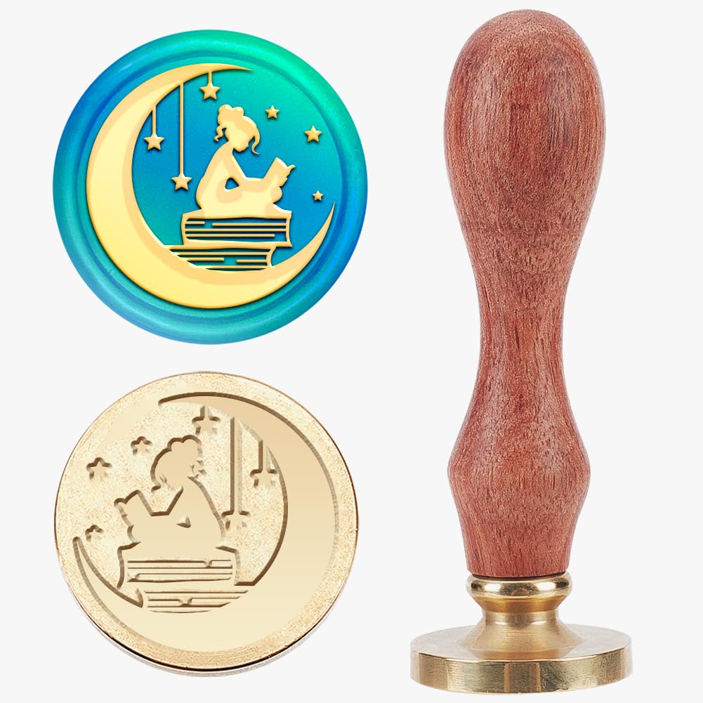 MAYJOYDIYMoon Book Lady Wax Seal Stamp 25mm Moon Star Women Sealing Wax Stamps Brass Removable Heads Wood Handle for Gift Wrapping Envelopes Cards Letters Wine Packages Decoration