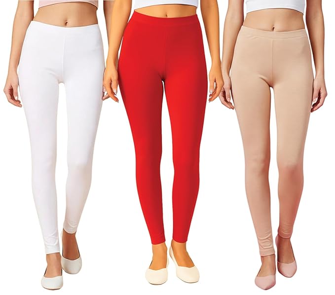 JUNEBERRY® Cotton Lycra Leggings for Women Pack of 3 – Stylish Multi-Color Stretch Pants for Daily, Travel & Casual Fashion S to 2XL
