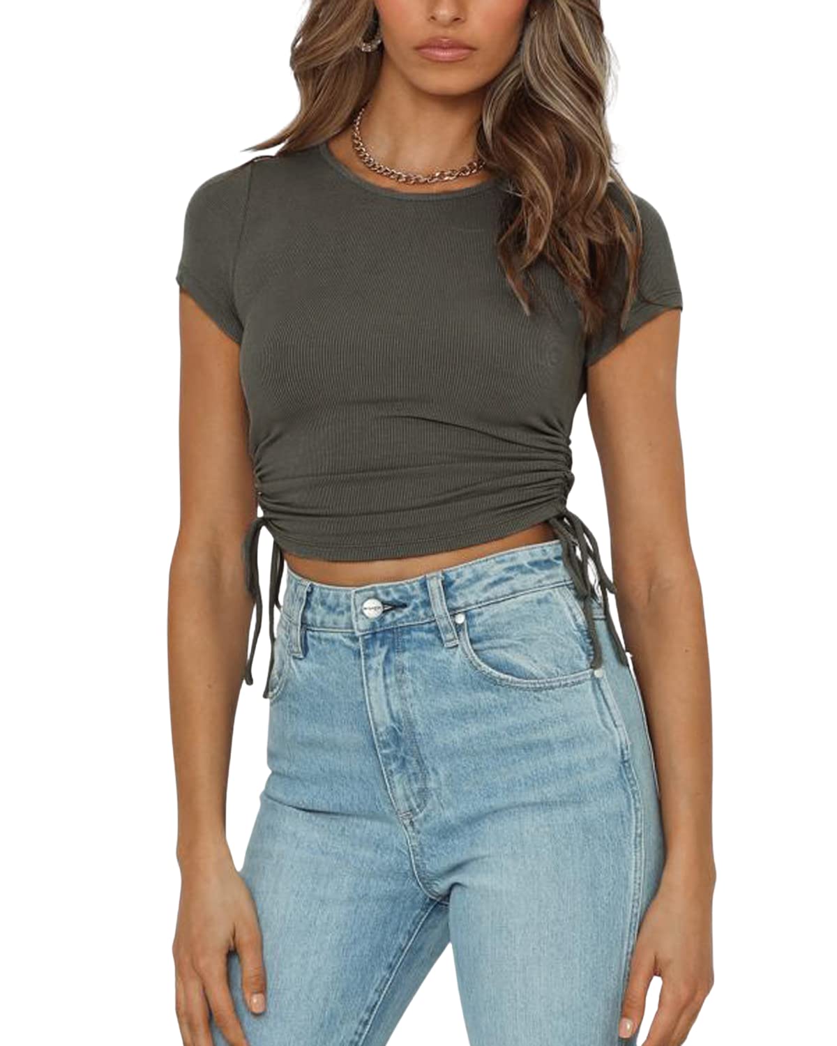 MOPOOGOSS Womens Short Long Sleeve Crew Neck Ribbed Ruched Drawstring Slim Fitted Workout Crop Tank Top Shirt