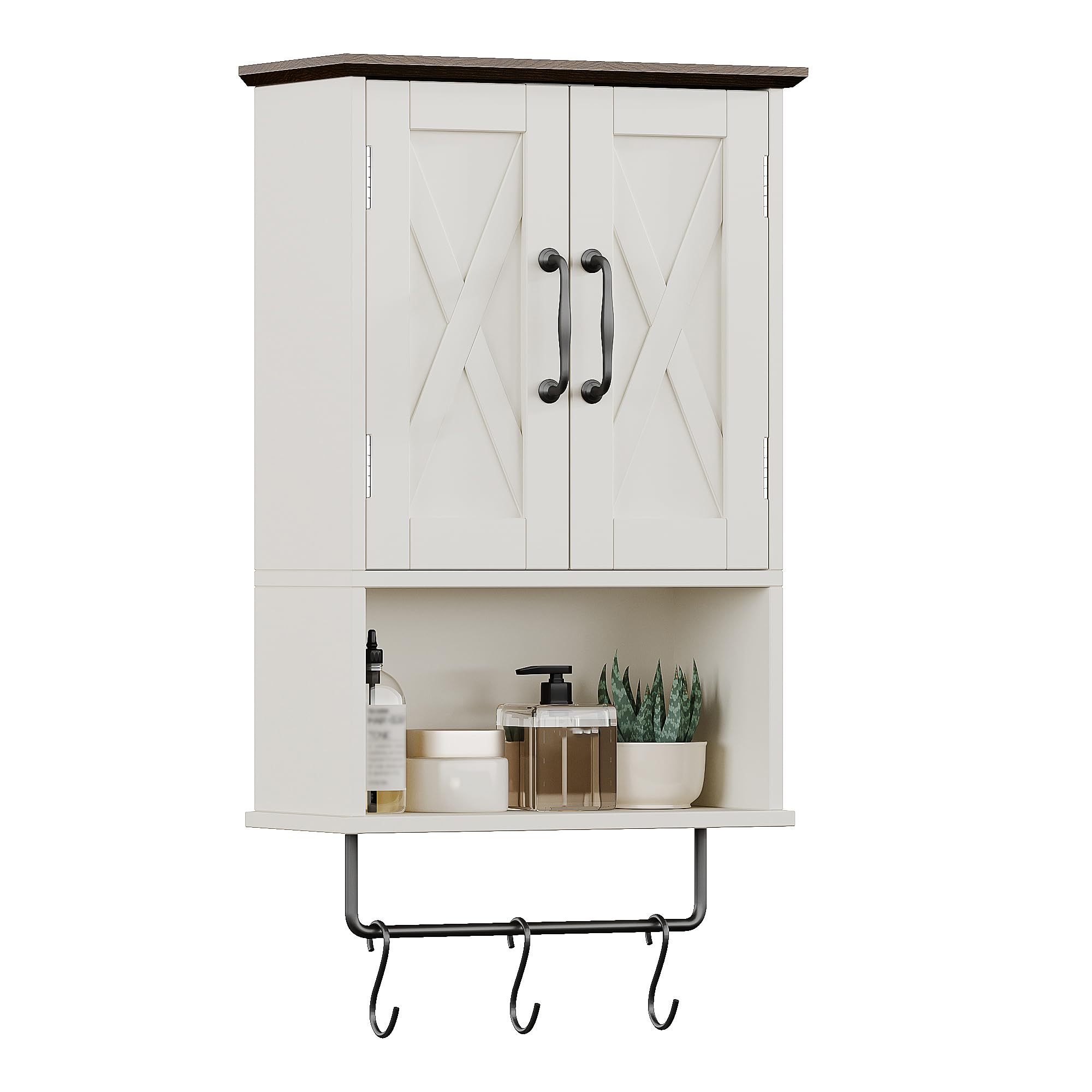 ChooChoo Farmhouse Medicine Cabinet, Bathroom Wall Cabinet with Adjustable Shelf, Towel Bar, 3 Hooks, Over The Toilet Storage Cabinet for Bathroom,