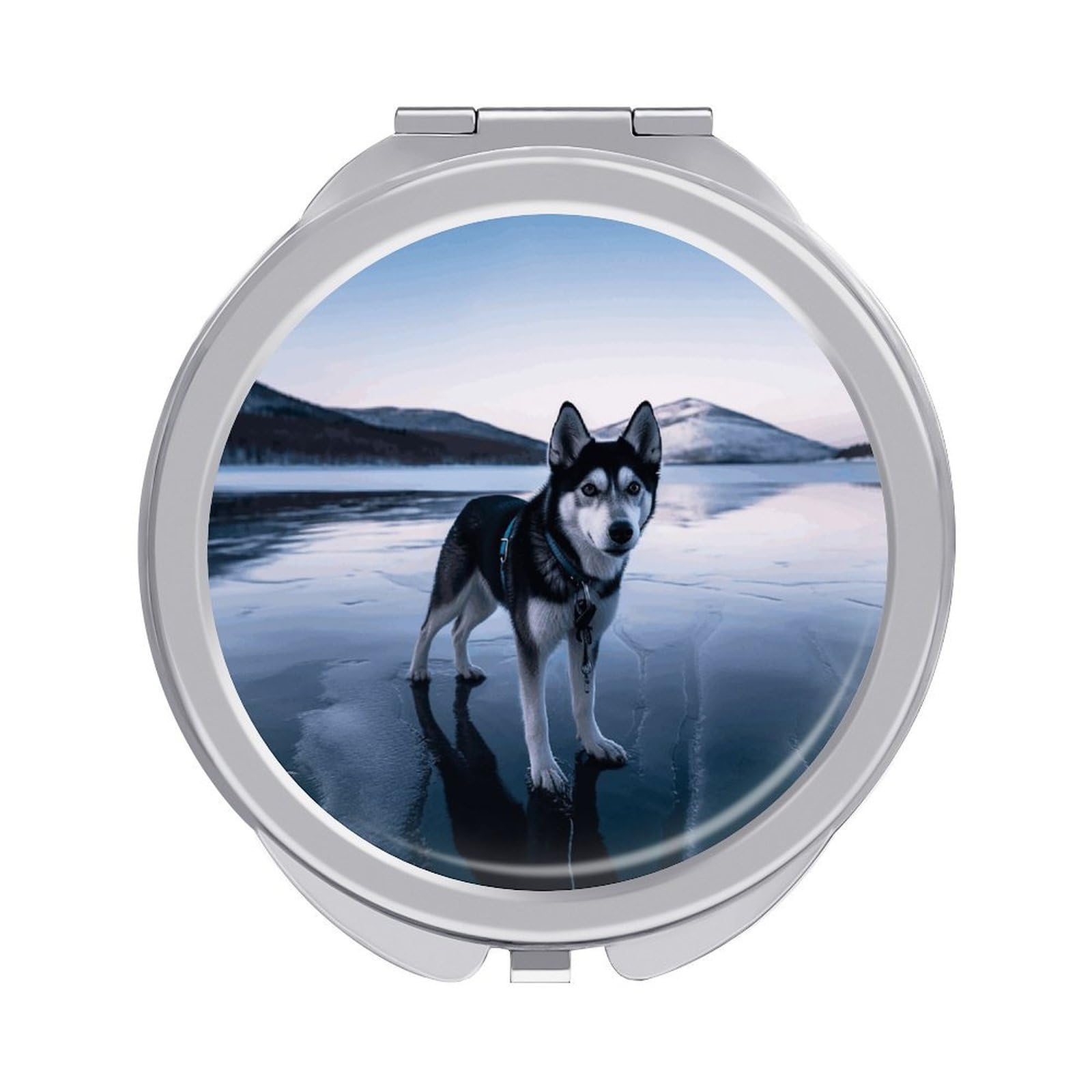 JTREHY Husky Dog on A Frozen Lake Makeup Mirror Portable Folding Mirror Compact Travel Mirrors 2-Sided Round Pocket Mirrors Cute Handheld Beauty Mirror for Handbag Purse for Women Gift