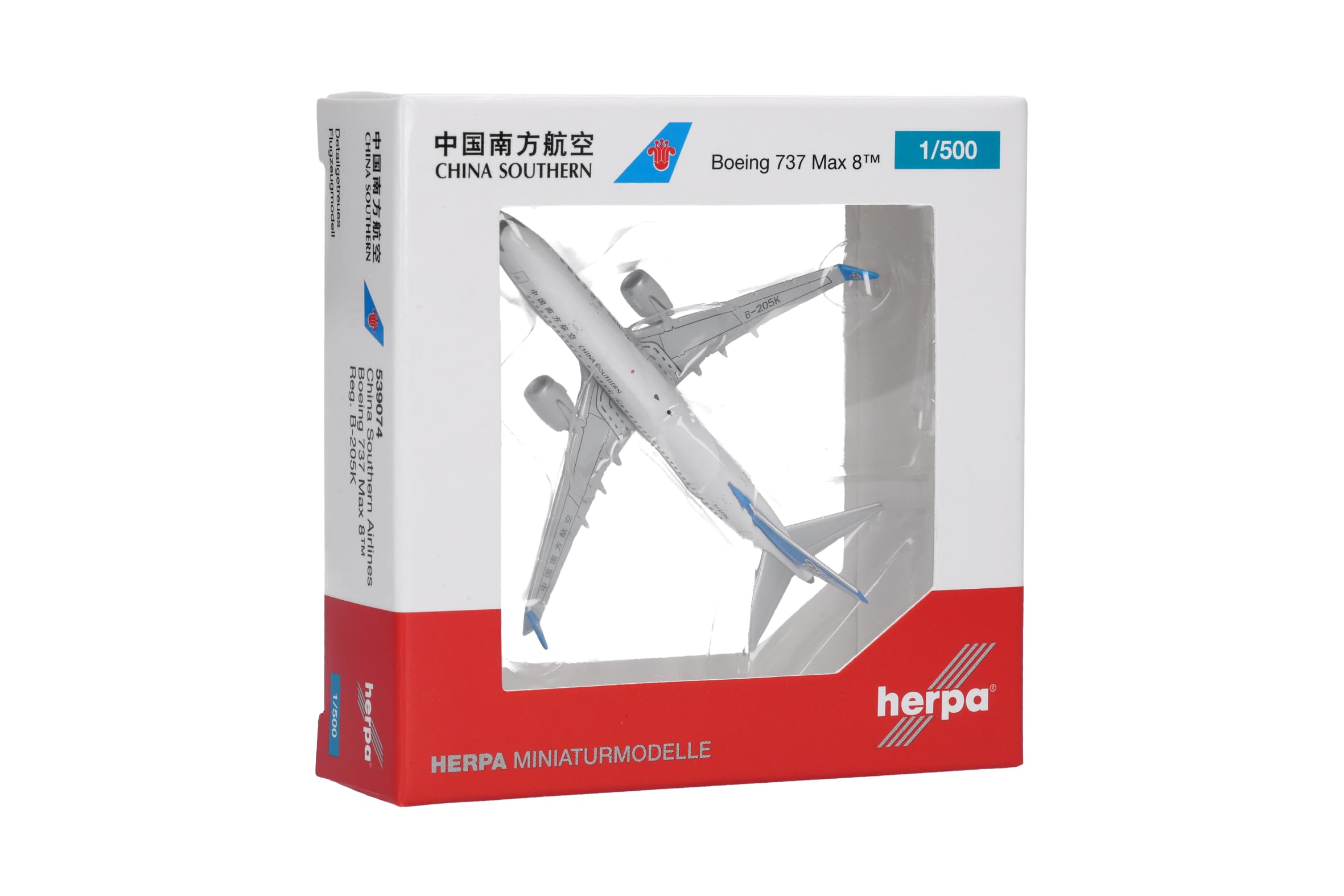 Herpa Miniatura del avión China Southern Airlines Boeing 737 MAX 8, Escala 1:500, Modelo prefabricado, maqueta de colleción, modelismo, Avion sin Soporte, Figura Metal