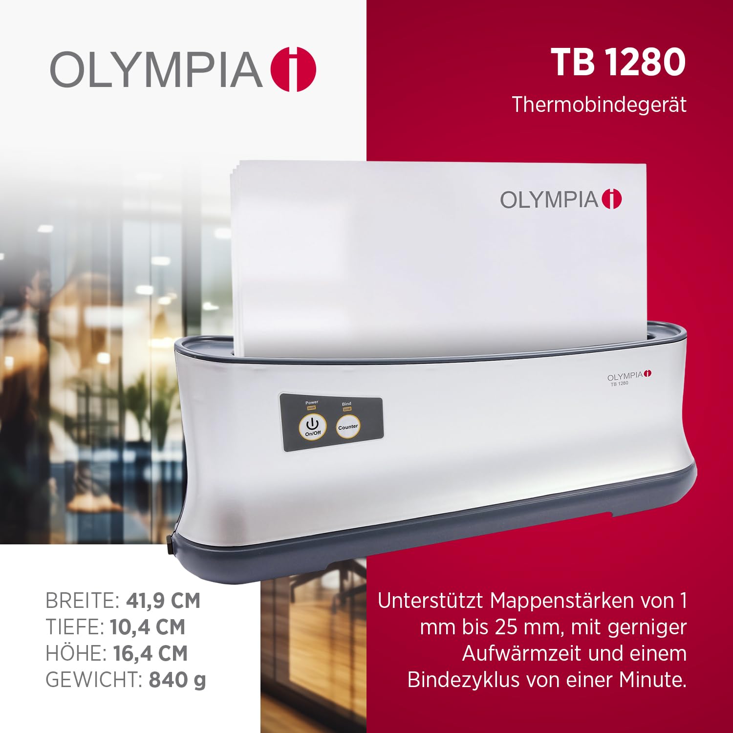 OLYMPIA TB 1280 Thermobindegerät A4 | Bindemaschine für bis zu 200 Blatt, 70g/m² | Thermobinder mit LED-Anzeige, Kühlablage & Sicherheitsabschaltung | Bindegerät für Büro, Schule & Homeoffice