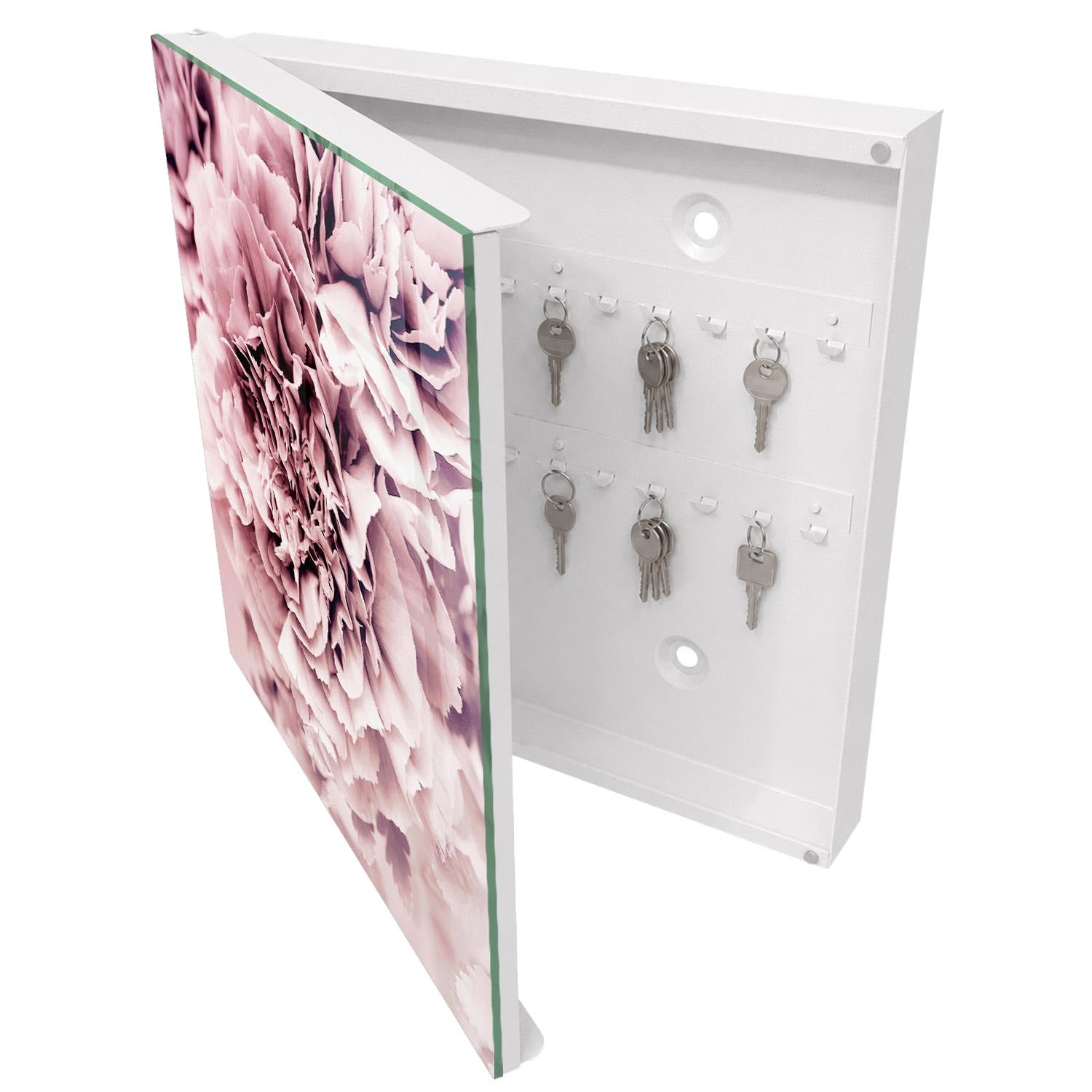 Armadietto Portachiavi 30x30 cm | Bianco | A Sinistra | Montaggio a Parete | Fiore rosa | in Metallo | Frontale Decorativo in Vetro Temperato | per Uffici | Tasselli e Viti Inclusi