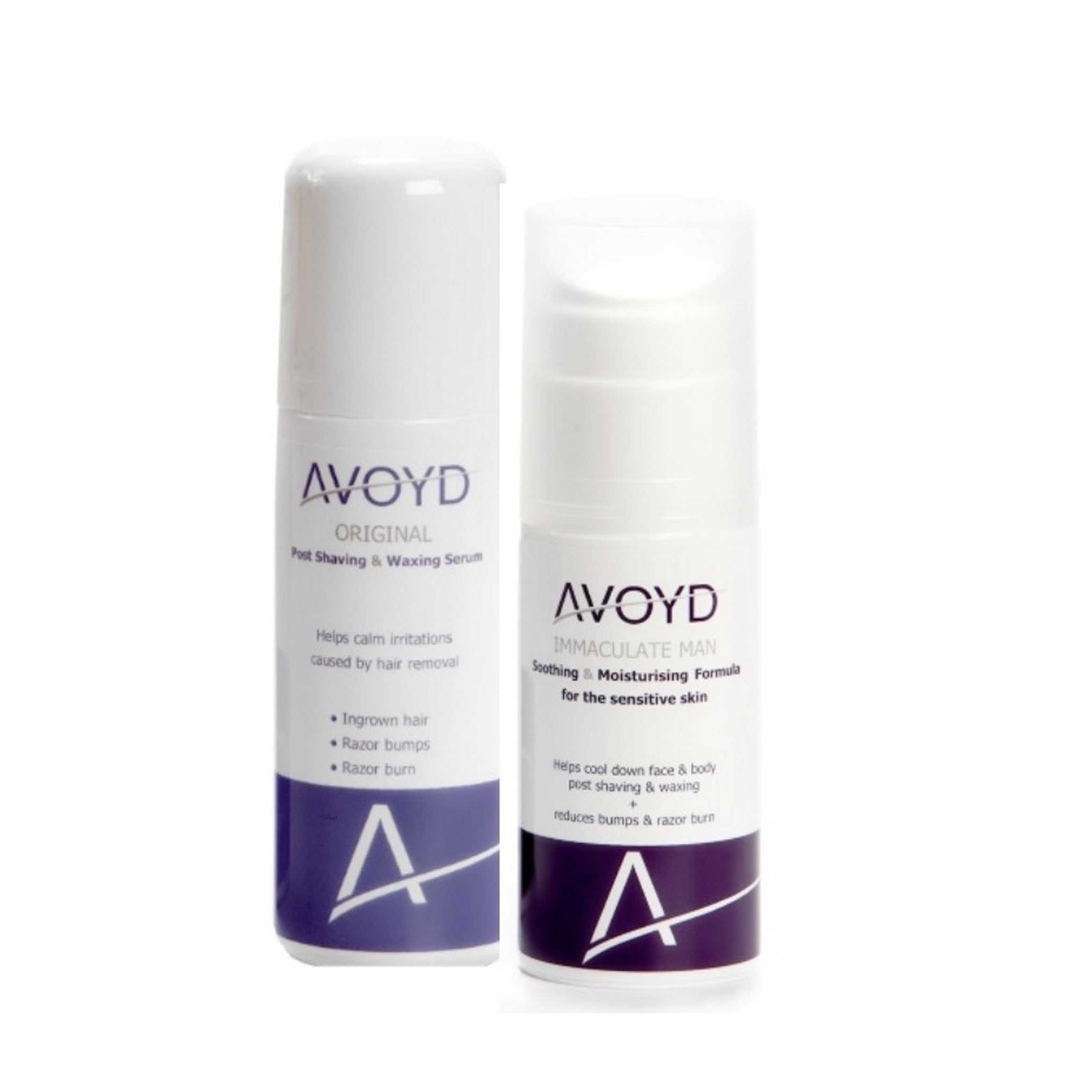 AVOYD Vorteilspaket Comfort Mann gegen eingewachsene Haare, Rasurbrand & Rasierpickel – für glatte Haut an Gesicht, Brust, Rücken und im Intimbereich. Avoyd Original + Immaculate Man